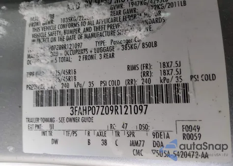 2009 Ford Fusion Se from USA, damaged, VIN 3FAHP07Z09R121097